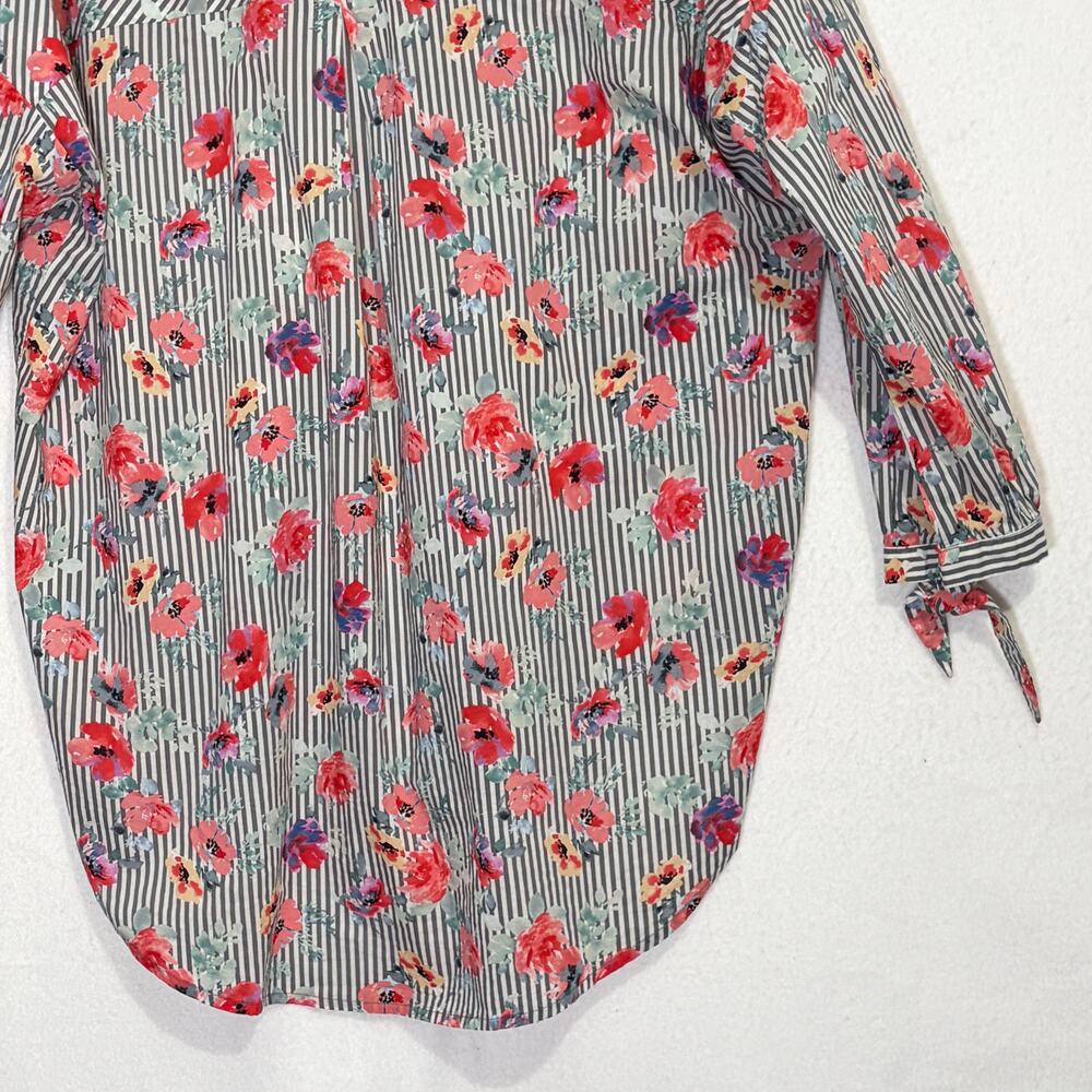 Sanctuary Button Down Shirt Womens Medium Pink Gray Striped Floral Tunic Blouse - Picture 13 of 14